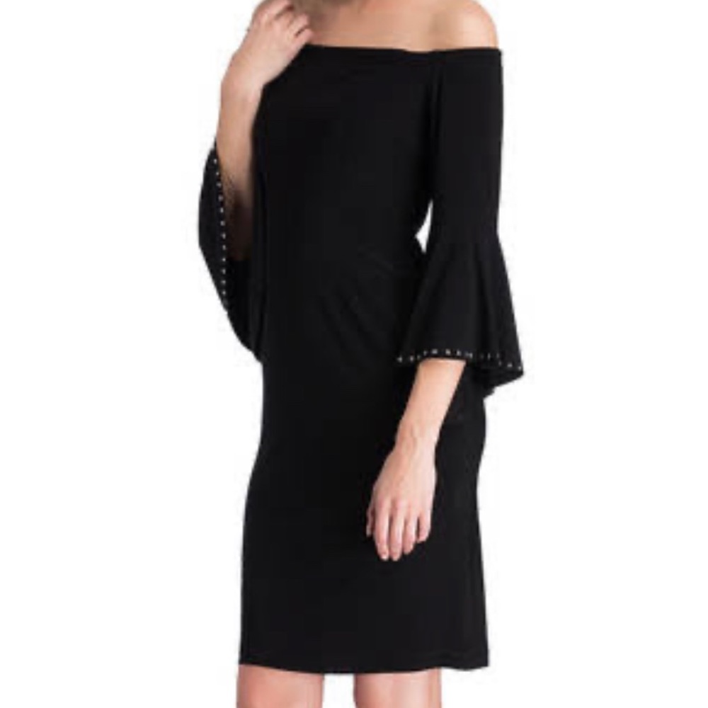 Joseph Ribkoff Black Off Sholder Wide Rhinestone Sleeve Soft Midi Dress Size 2